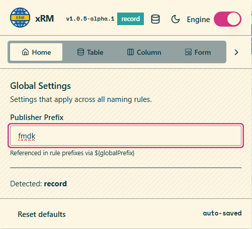 Global naming settings
